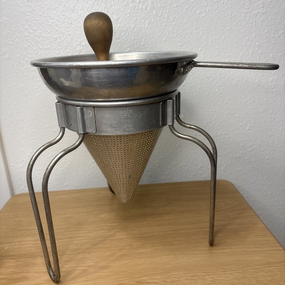 Wear-Ever Aluminum Juicer Canning Cone Strainer Sieve Stand Wood Pestle Vtg #480